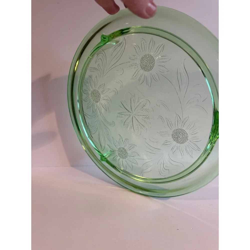 Vintage Uranium Depression Glass Cake Plate Floral Pattern Footed Glows Under UV